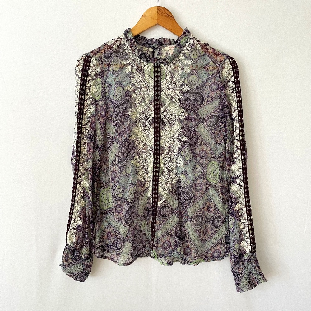 SUNDANCE Women's Small Semi Sheer Embroidered Long Sleeve Ruffle Neck Blouse